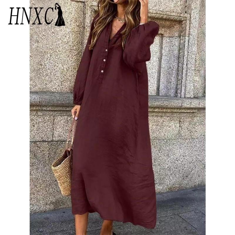 

HNXC Женская мода Весна Осень Однотонный принт Длинный рукав Завышенная талия Повседневные платья S бордовый