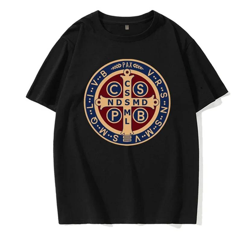 The Saint Benedict Medal Catholic Pullover Tees Camisas Men Slim Fit Mens T Shirt Printed T Shirt Cotton