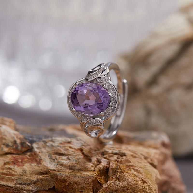 Non-Fading High-End S925 Sterling Silver 18K Gold Natural Amethyst Lucky Treasure Ring Women'S Simple Jewelry