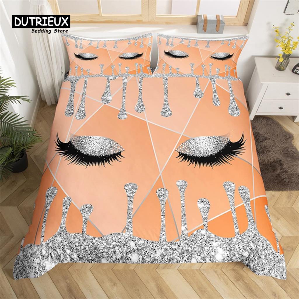 Eyelash Duvet Cover Set Eyes Pattern Design Comforter Cover Microfiber Girly Priness Style Glitter Twin King Queen Bedding Set