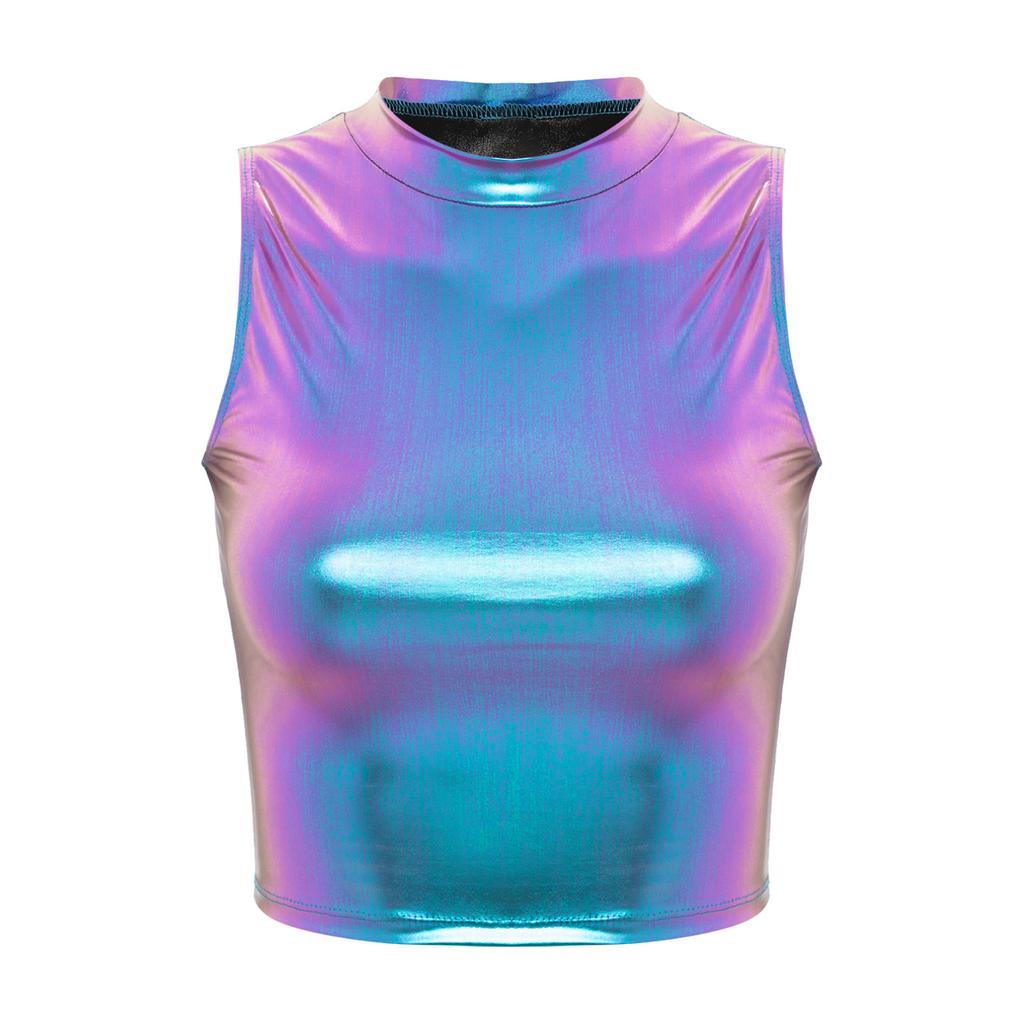Women's Metallic Mock Neck Crop Top Faux Leather Vest Tops Glossy Rave Party Clubwear