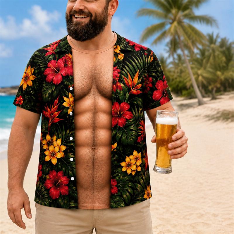 Funny 3D Print Muscle Belly Graphic T Shirt Men Hawaii Floral Leaf Pattern Casual Summer Short Sleeve Tops Beach Trip Pool Party