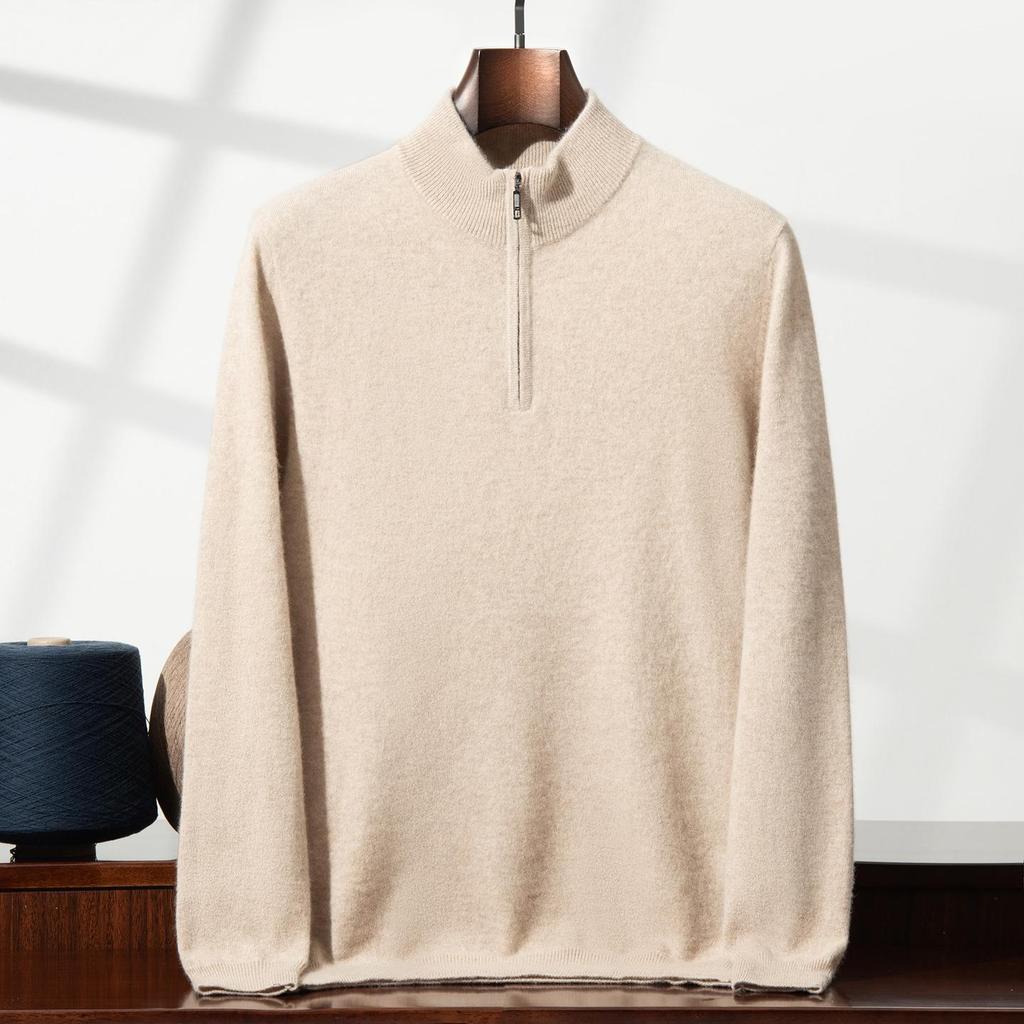 Eleganter Herren-Halbreißverschluss-Kaschmirpullover, einfarbige Strickware mit Stehkragen, Business Casual Pullover