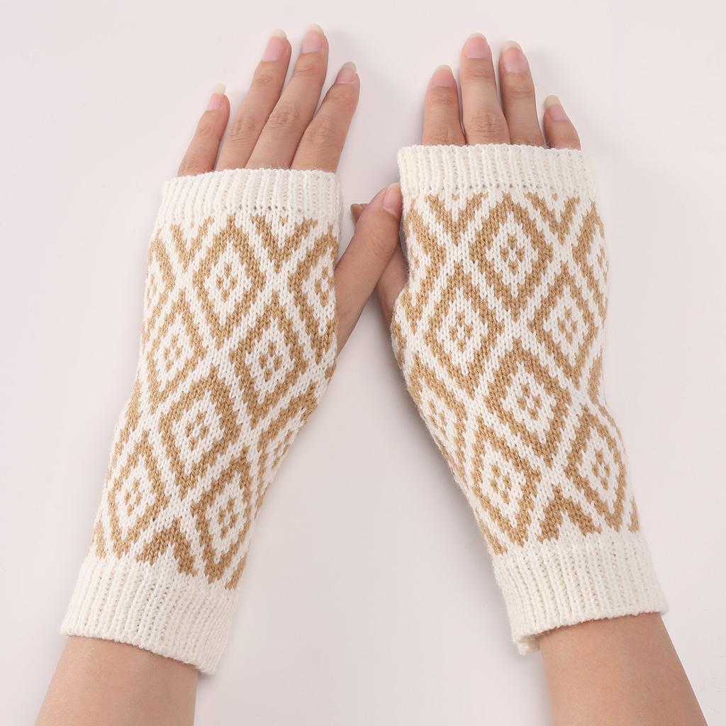 Zweifarbige rautenförmige kurze Handschuhe, neue Herbst- und Winter-Woll-Warme Ärmel, modische Damen-Strick-Fingerhandschuhe