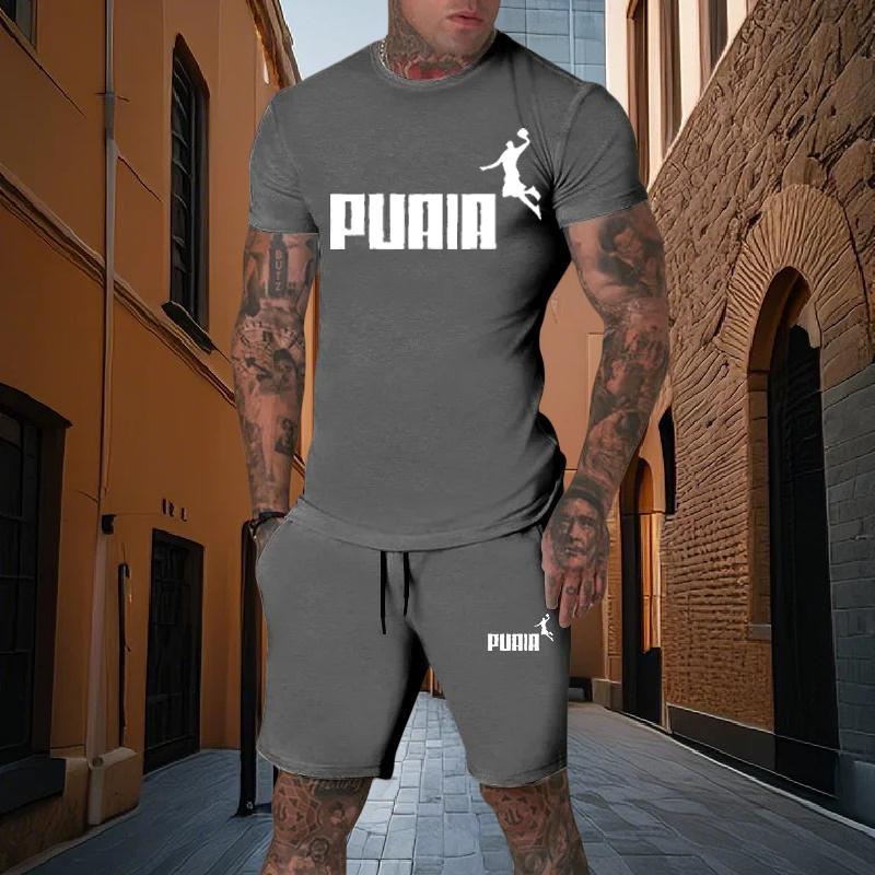 Summer fashion men s two-piece set men s casual sports set printed short sleeved set men s T-shirt+shorts fitness sportswear S