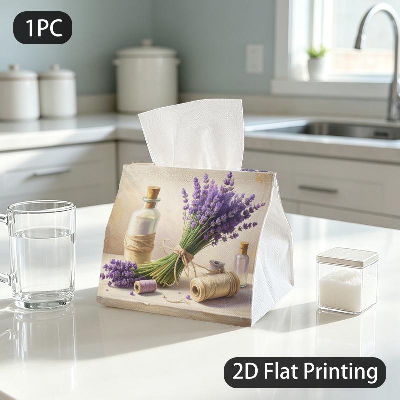 1pc Lavender Tissue Box Suitable for Washrooms, Realistic Still Life & Lavender Bottles, Calm Serene Pattern Napkin Holder, Compact Storage, Dining Ro