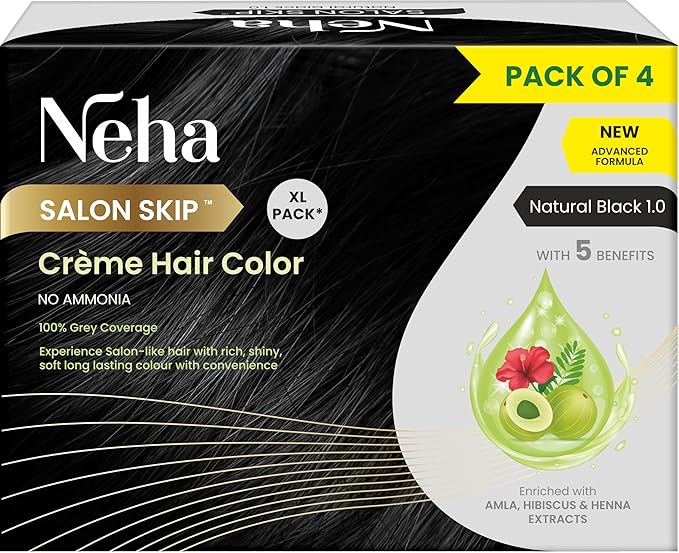 Neha Salon Skip Crème Hair Colour, Ammonia-Free Formula, Pack of 4 * 20g+20ml - Natural Black