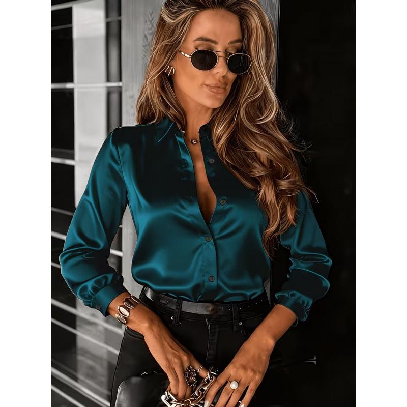 Womens Solid Color Satin Turn Down Collar Long Sleeve Button Down Slim Fit Shirt