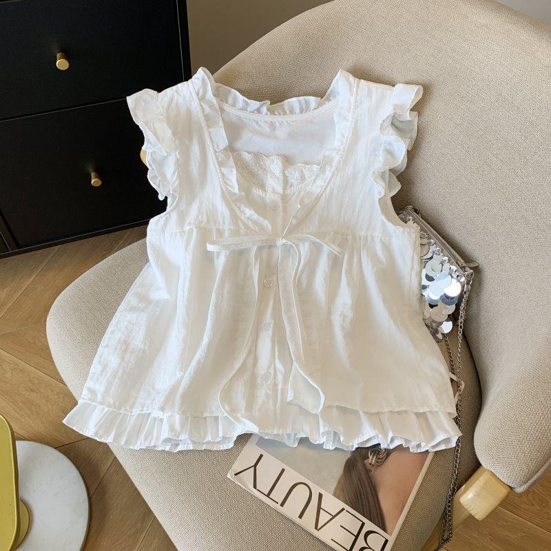 

Women s Summer 2025 French Ruffle Babydoll Shirt with Fly Sleeves