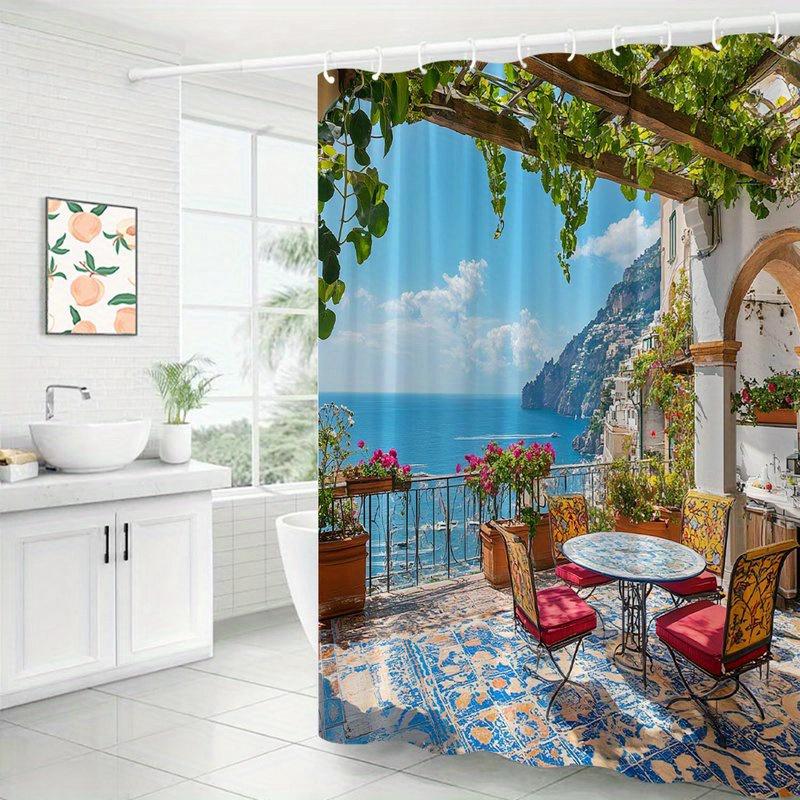Mediterranean Ocean View Shower Curtain Waterproof Bathroom Curtain Tropical Coastal Luxury Seaside Resort Decor Print