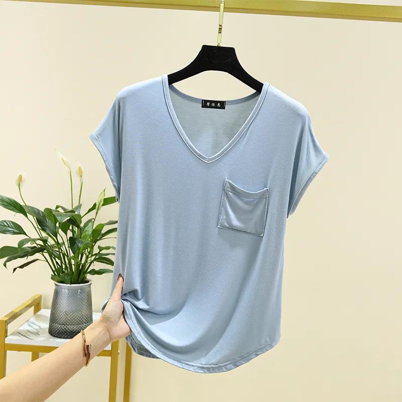 Women's Summer Short-sleeved Top with Thin Solid Color Loose Large V-neck Household Clothes