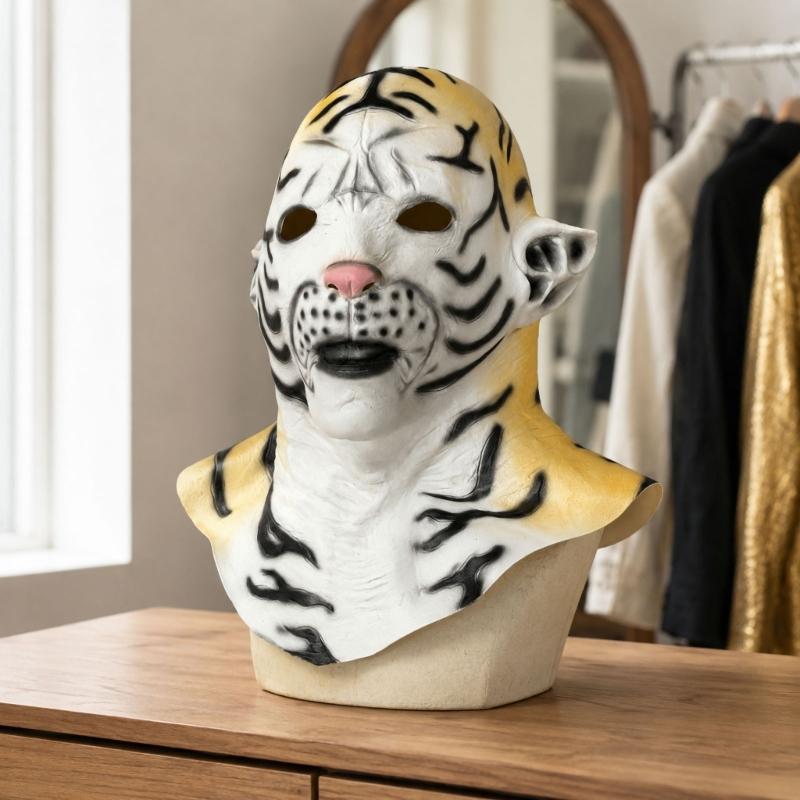 Vollkopf-Latex-Kostümmaske mit gestreiftem Tiergesicht, Nackenabdeckung, Augenöffnungen und offenem Mund für Mottoparty-Outfits und Fotoautomaten