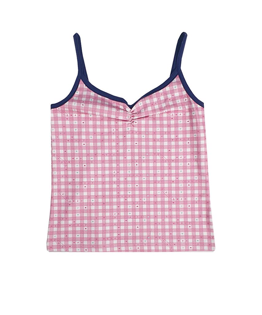 ESCAPEFROM Love Check Pattern Full Print Shirring Point Color Block Sleeveless Red