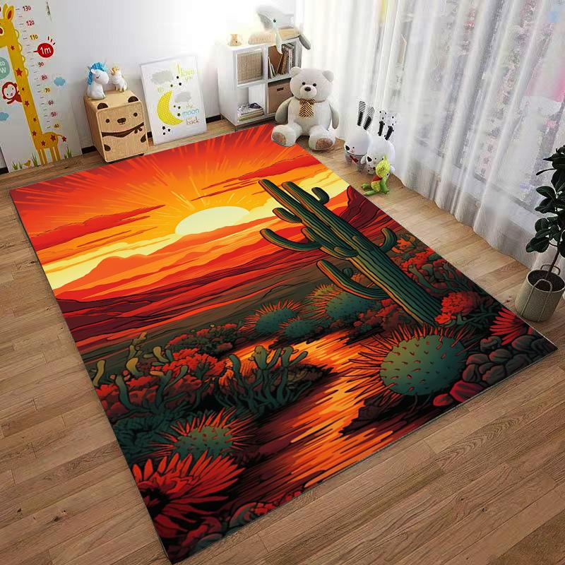 Sunset Desert Landscape Carpet with Cactus Plants and Fiery Colors Suitable for use as an anti-slip for living room bedroom sofas