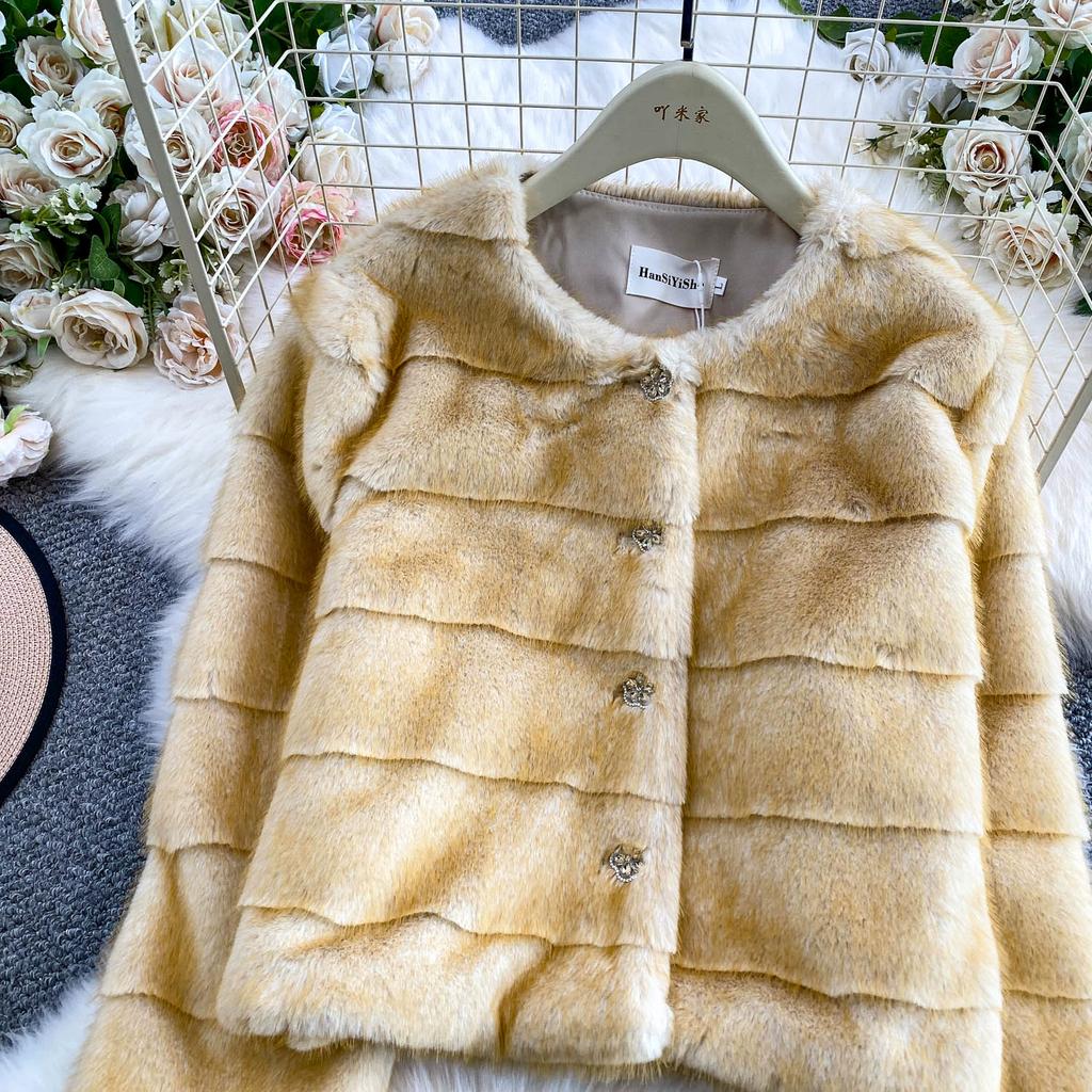 Autumn Winter Women Luxury Soft Mink Faux Fur Warm Short Jacket Diamond Button Single Breasted Christmas Outerwear Coat