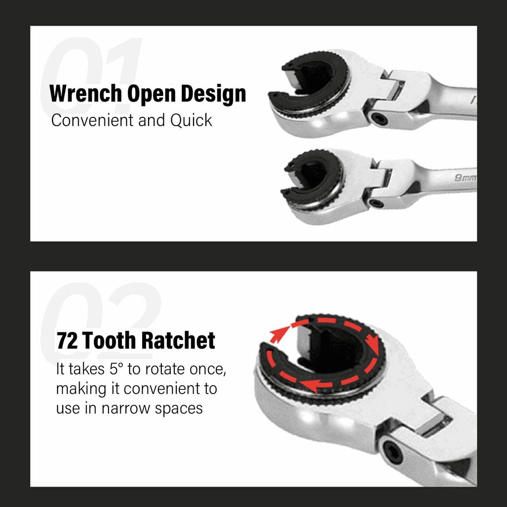 Jiawu Ratchet Combination Wrench Set, 5-Piece Flex Head Brake Line Wrench, 10-17mm CV Steel Open End 72-Tooth Gear Spanner for Fuel Nuts, Air Conditio