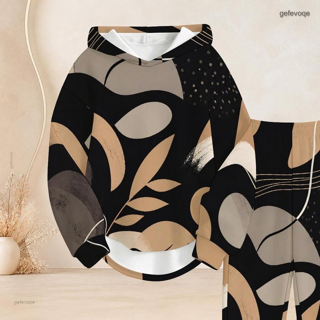 Women Plus Size Two Piece Outfit Long Sleeve Hooded Top Geometric Printed Cuffed Pants