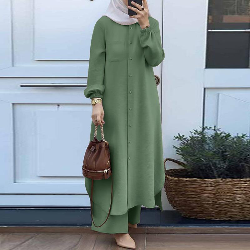 Damen-Moslem-Abaya-Kaftan, lässig, lockere Bluse mit Puffärmeln und lange Hose, 2-teiliges Set