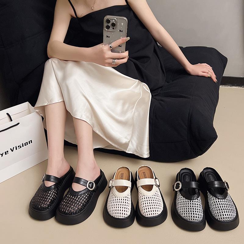 Woven Hollow Baotou Half Slippers 2025 Summer New Versatile Breathable Flat Bottom Beach Hole Shoes