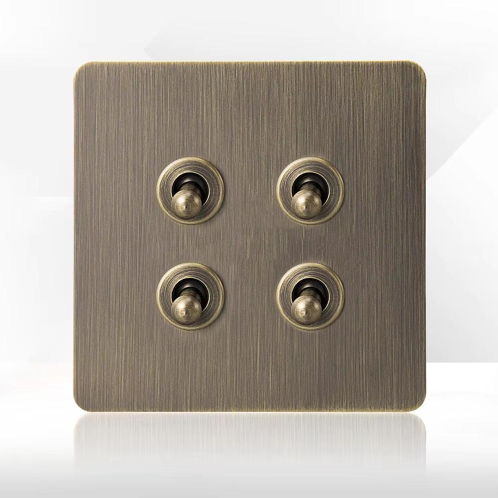LangYeao Messinghebel UK Kippschalter Buster und Stanzlichtschalter Stil Edelstahlplatte Vintage Retro Wandschalter Steckdose
