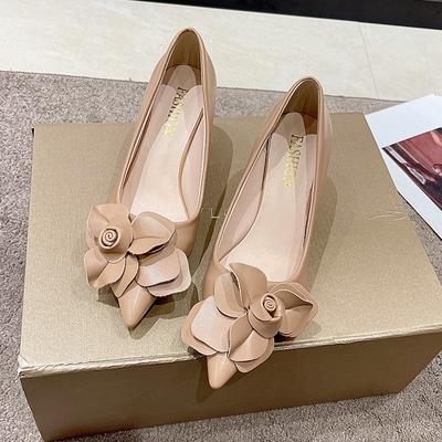 Zapatos de Moda para Mujer con Tacón Fino Otoño Nuevo Punta Fina Boca Baja Flor Temperamento Zapatos sin Cordones de Caña Baja