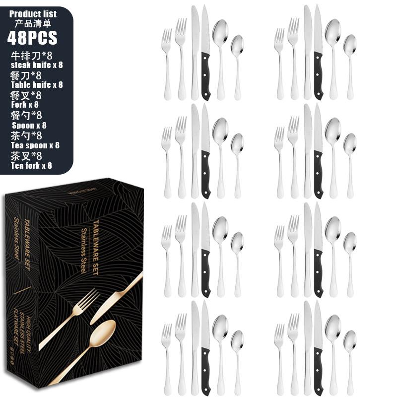 Stainless steel tableware set 8-person knife, fork and spoon set 48-piece set Color boxed steak knife