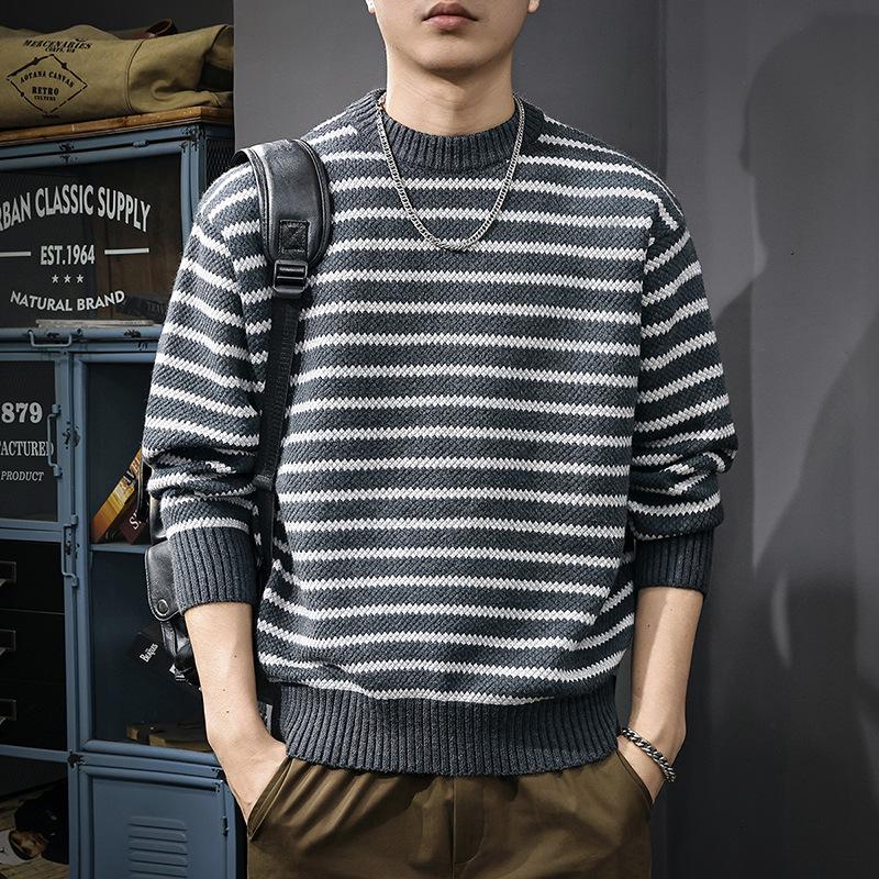 2025 Men's Striped Heavy Gauge Sweater: Autumn/Winter Long Sleeve Knit Base Layer
