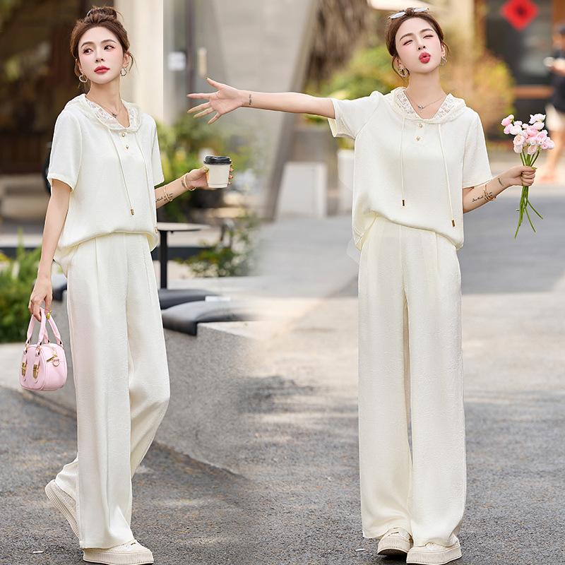 

Модный повседневный костюм женский летний с кружевной вставкой, худи, маленькие широкие брюки, комплект из двух предметов XXL бежевый