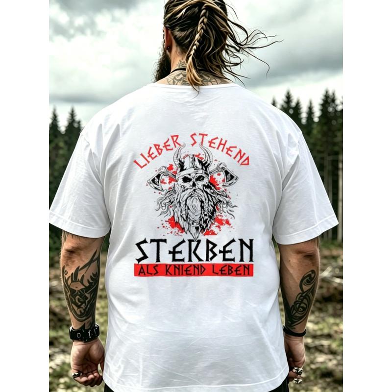 Men'S T-Shirt Black Viking Skull With Axes And German Text Lieber Stehend Sterben Als Kniend Leben Battle Scene Design For Outdoor Events And Casual
