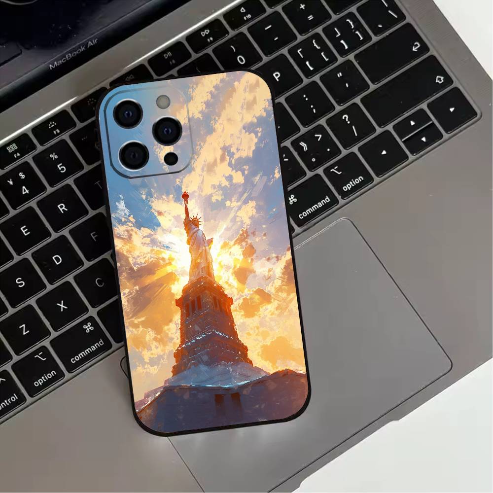 America USA Flag S-Statue Liberty  Phone Case For iPhone 17,16,15,14,13,12,11 Plus,Pro Max,XS,Soft Silicone Black Cover