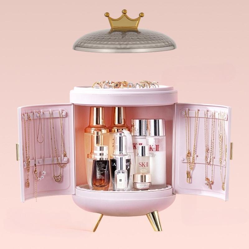Crown Luxury Cosmetics Organizer Makeup Storage Box Desktop Rotating Jewelry Ring Display Box Storage Shelf Dustproof Makeup Box
