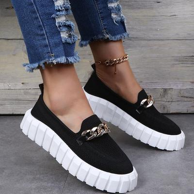 Chaussures de printemps et d'été avec chaîne en métal, chaussures décontractées à semelles épaisses et à tête ronde pour femmes