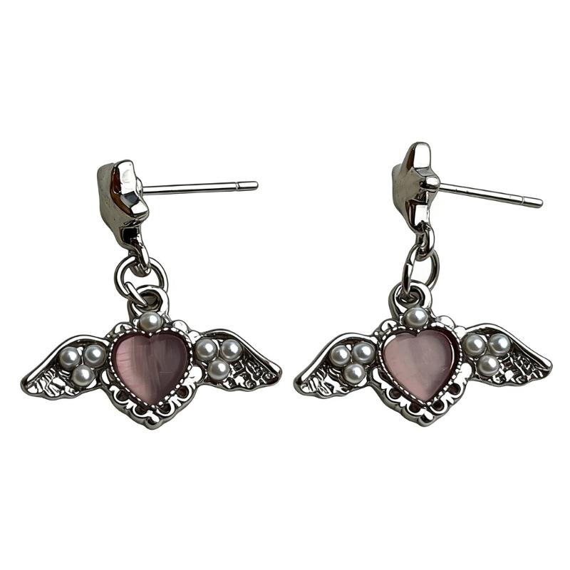 

Chic Angel Wing And Heart Pearls Earrings Accessory Alloy Material Elegant Lightweight Ear Studs For Any Occasion 1 рожевий
