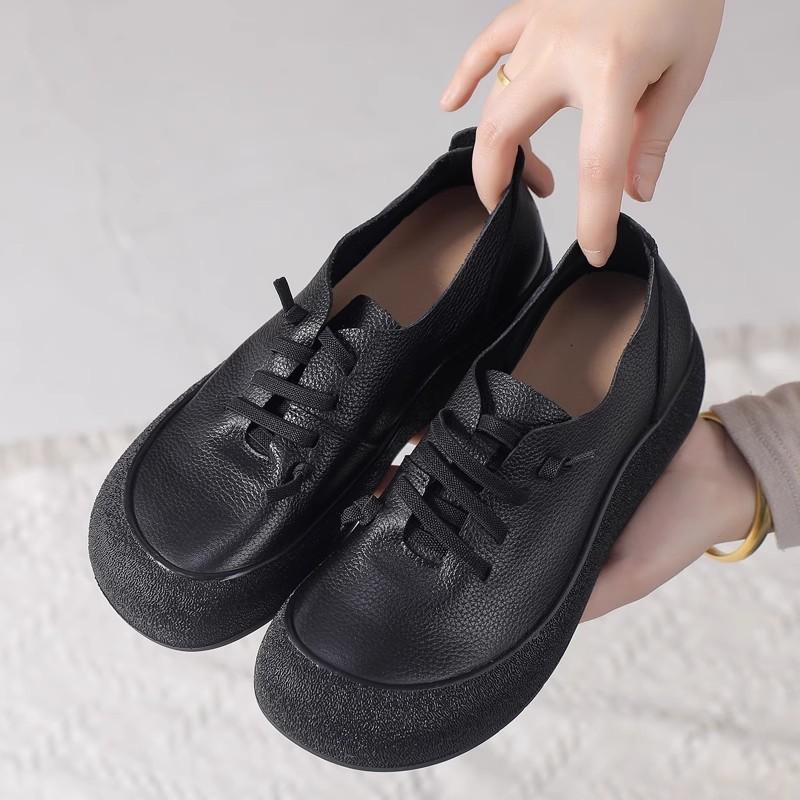 Fashion 2025 Spring Autumn New Leather Women's Shoes Soft Soled Comfortable Versatile Thick Soled Casual Shoes Retro Leather Shoes