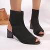 Women's One Kick Sandals Square Heel  Peep Toe Elastic Knitting Women's Mesh Boots Summer Dress Leaked Heel Sandalias De Mujer