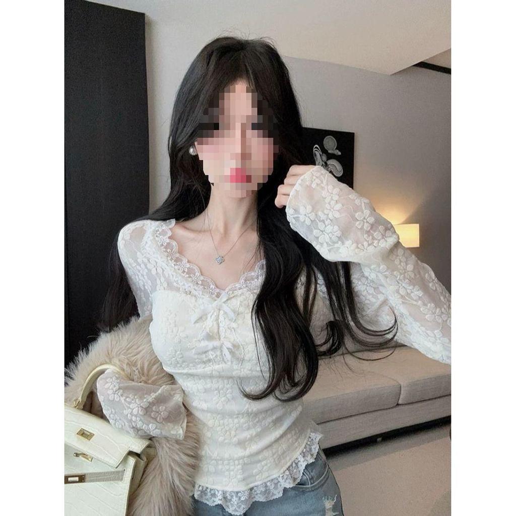 Elegant Lace Slim Fit Long Sleeve Women's Shirt with Waist-Cinching Bow - Spring/Summer Collection