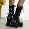 Sexy Punk Combat Boots Women Leather Platform 2024 Autumn Fashion Rubber Gothic Thick Heels Mid-calf Boot Women Large Size 48