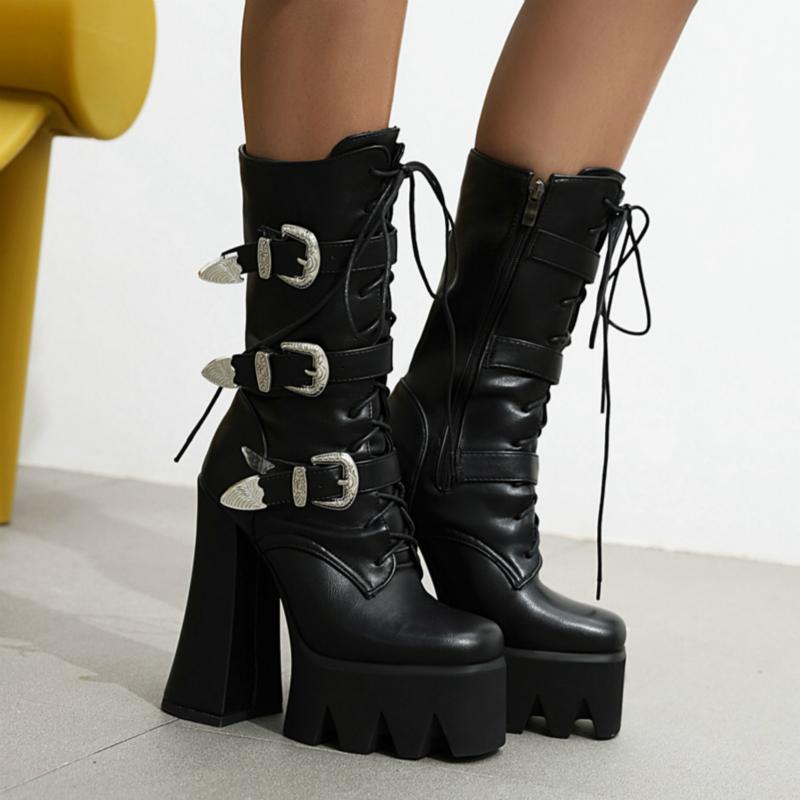 Sexy Punk Combat Boots Women Leather Platform 2024 Autumn Fashion Rubber Gothic Thick Heels Mid-calf Boot Women Large Size 48