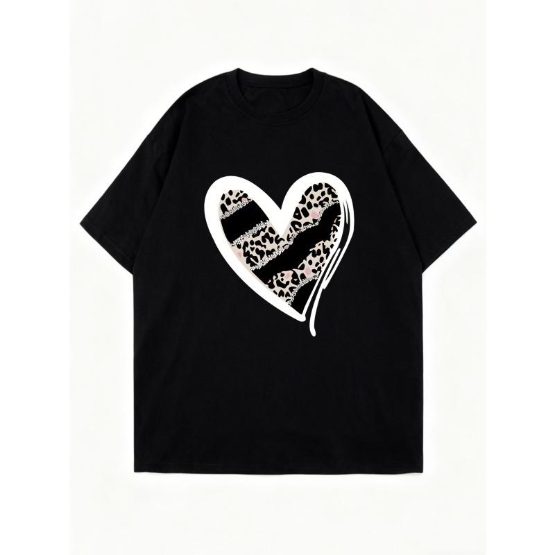 Černé nadměrné tričko s leopardím potiskem srdce pro běžné nošení