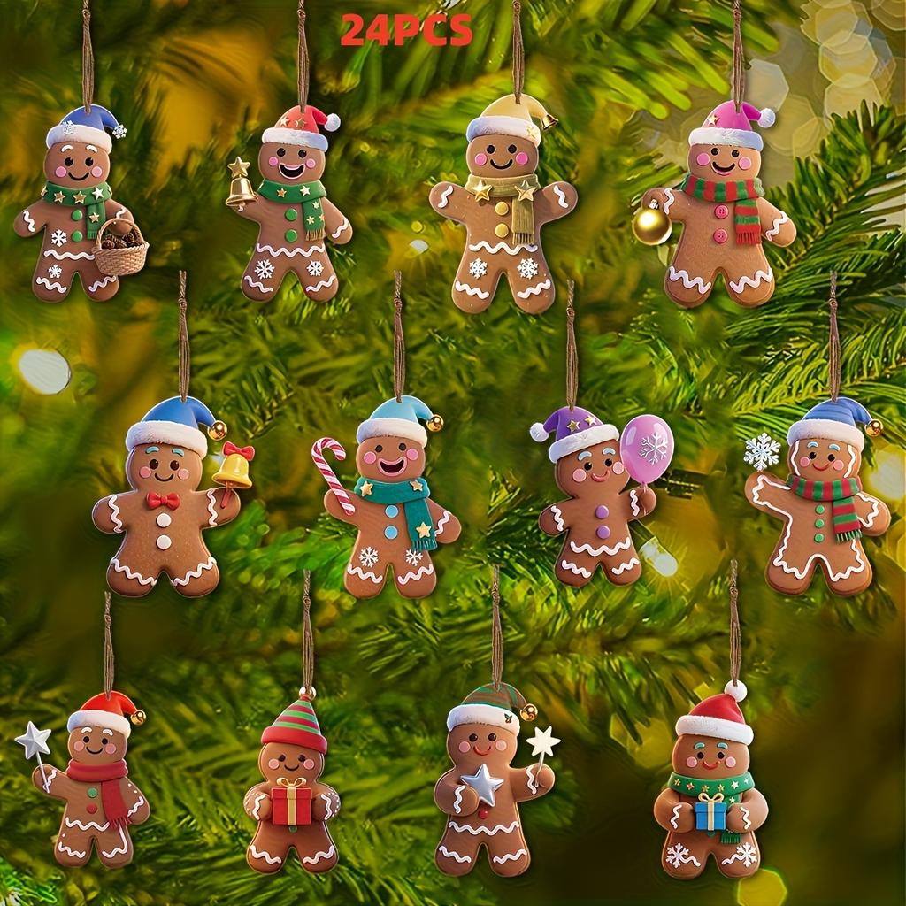 12/24Pcs 2D Flat Wooden Gingerbread Man Ornaments Cute Christmas Gingerbread Hanging Pendants Xmas Tree Indoor Home Decorations