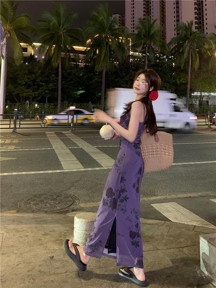 French Purple Floral Spaghetti Strap Dress - Women's Summer 2024 Waist-Hugging Long Tea Dress