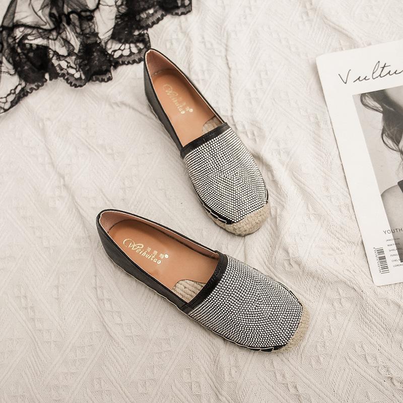 Fashion Espadrilles crystal rivets slip on loafers women hemp knitted cover toe shallow moccasins sewing gold/silver straw flats shoes