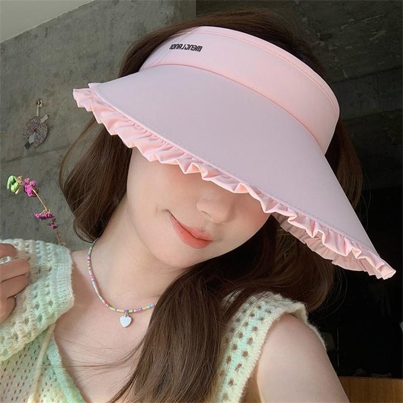 Sweetheart Ice Silk Wide-Brim Lace Sun Hat Breathable Open-Crown Visor With Uv Protection For Travel