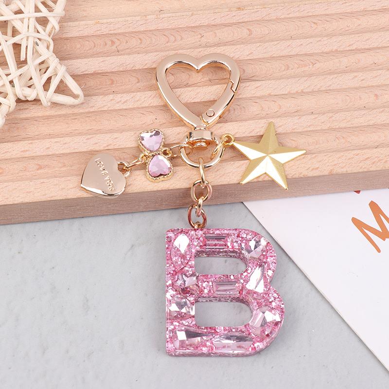 Cute  Bling Keychain A To Z Initial Letter Love Heart Star Pink For Women Girls Bag Cup Pendant Key Chain Accessories