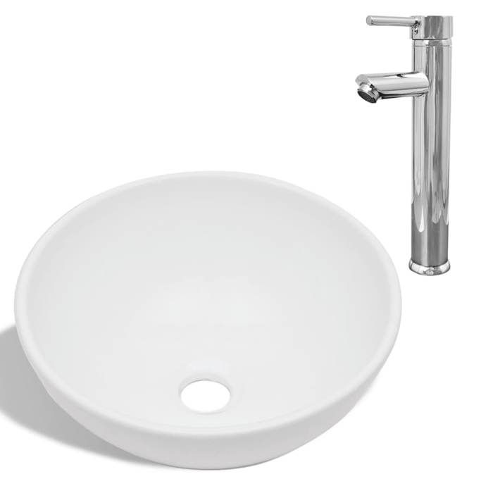 VidaXL Lavabo Salle de Bain avec Mitigeur Céramique Rond Blanc Robinet Vasque 275494