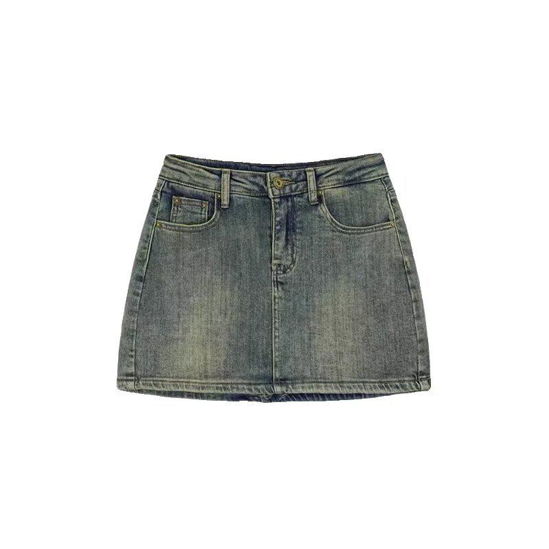 Women's Retro Distressed High-Waist Denim Mini Skirt, Plus Size, Versatile, Anti-Exposure, Summer 2024 Collection.