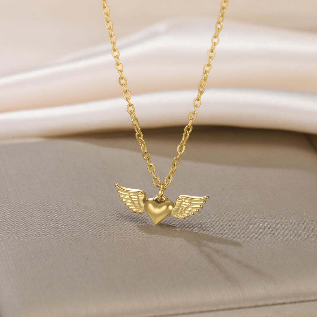Teamer Heart Wing Pendant Necklaces Stainless Steel Gold Color Sweet Minimalist Chain Choker Fashion Jewelry Gift Wholesale