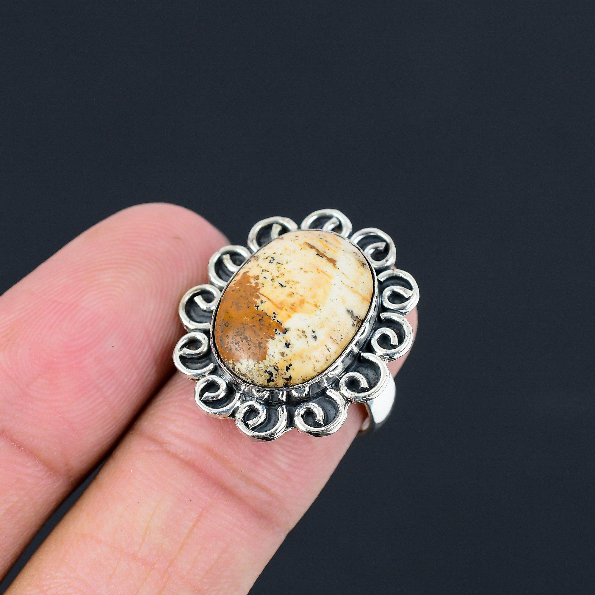 Friendship Day Sale Sterling Silver Natural Picture Jasper Solitaire Ring US 7 7