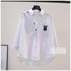 Camisa Listrada Azul Bordada com Gato Feminina Manga Longa Solta de Algodão Versátil para Primavera e Outono Cardigã Camada Superior