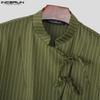 INCERUN Men Stand Neck Long Sleeve Striped Side Bandage Cropped Short Shirts